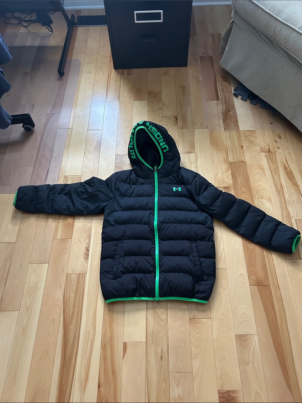 Under Armour Black Puffer Hoodie with Green Trim - Kids